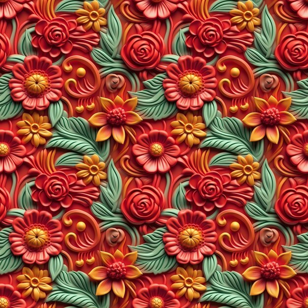 clay art red floral seamless pattern