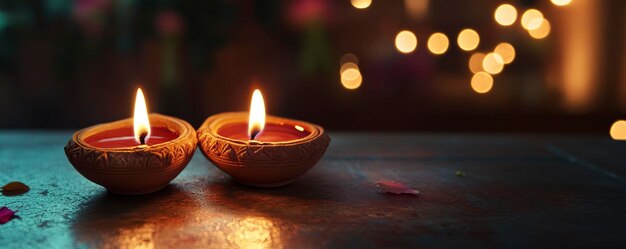 Clay Diya lamps Happy Diwali festive atmosphere place for text