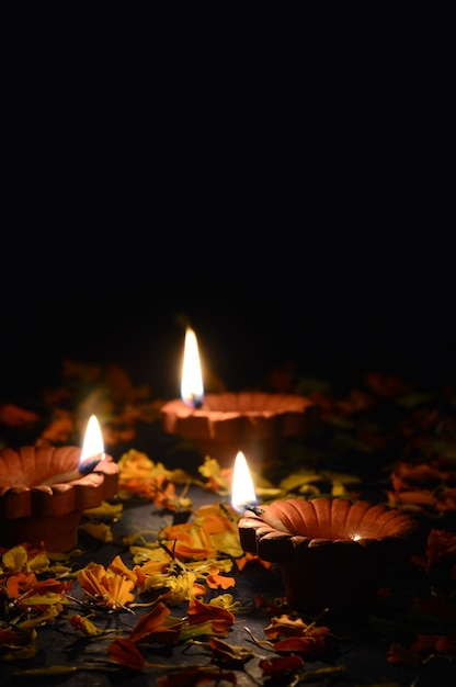 Clay diya lamps lit during diwali celebration. Greetings Card  Indian Hindu Light Festival called Diwali