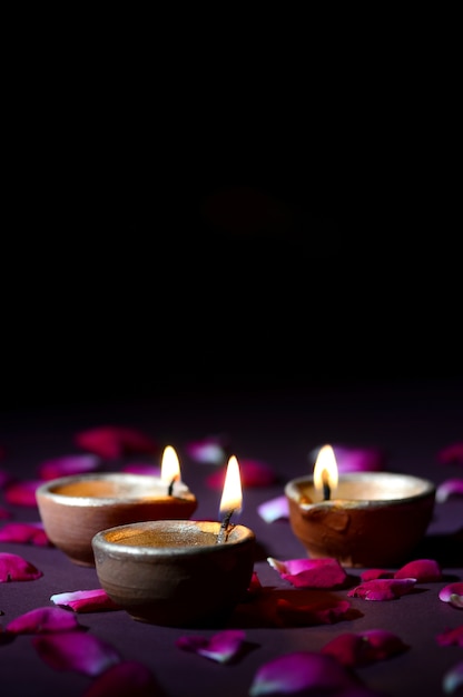 Clay diya lamps lit during diwali celebration. Greetings Card  Indian Hindu Light Festival called Diwali