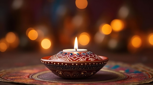 clay diya oil lamp and flower petals at the wooden table photo illustration