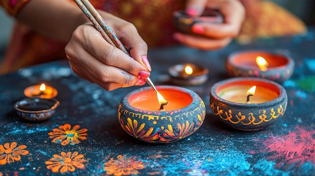 Photo clay diyas unlit being painted in bright colors artists hand at work afternoon light