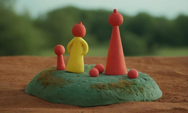 Photo clay family standing on green clay island looking at red clay tower