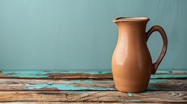 Photo clay jug with protein shake on wooden table