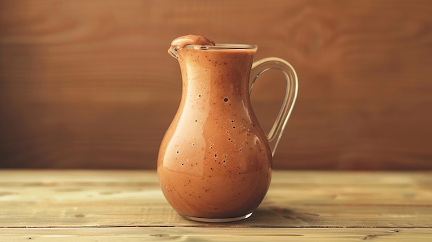 Photo clay jug with smoothie on a wooden table