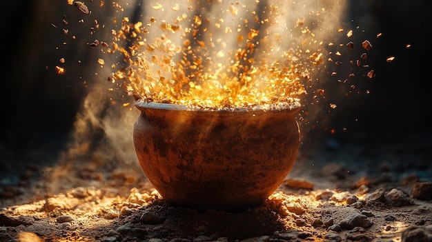 Photo a clay pot erupts in a burst of light and smoke