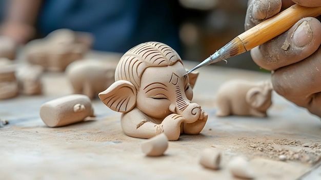 Photo clay sculpture of hindu god ganesh being crafted