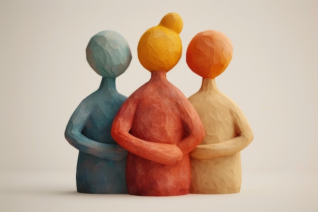 Clay sculpture of three human figures in a warm earthy tone representing community and togetherne