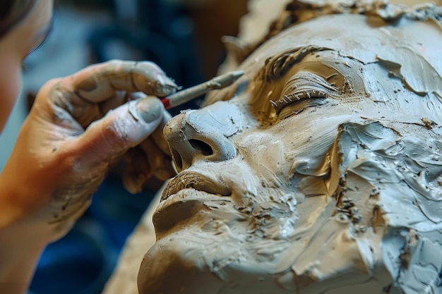 A clay sculpture of a woman39s face is sitting on a table