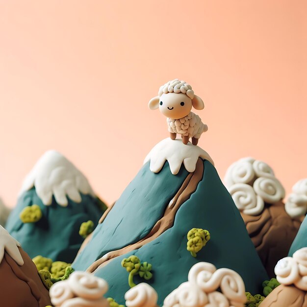 Photo claymade stop motion animation cute lamb's shining adventure across mountainous landscape