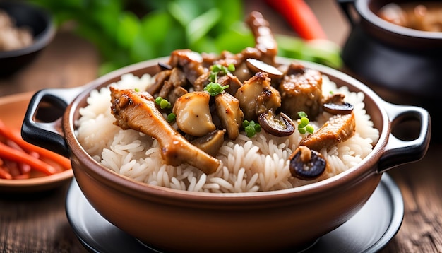 Claypot chicken and rice with mushroom on top