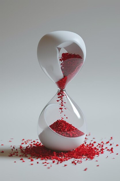 A clean 3D design of a white hourglass with red particles slowly falling