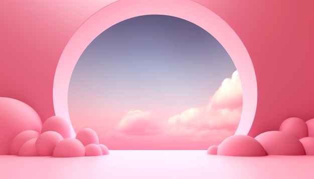 Clean 3D render of podium presentation with pink and cloudy sky background