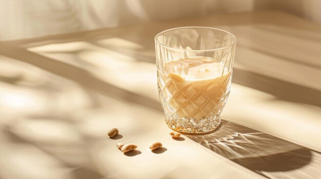 A clean beige table with milk and few beans