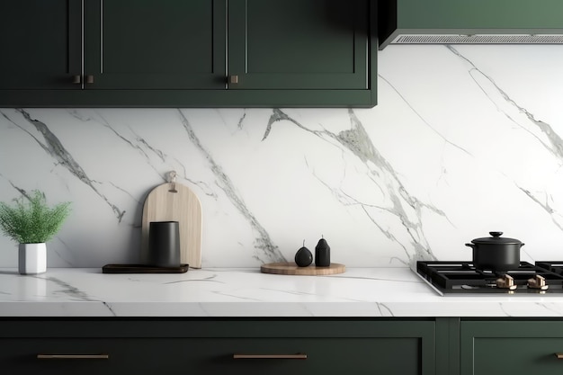 Clean black space white marble kitchen counter sage green AI generated illustration