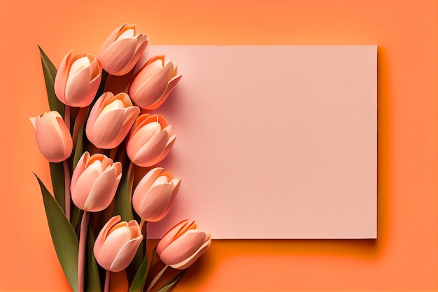 Clean blank for mockup on orange background with tulips Flat Lay style