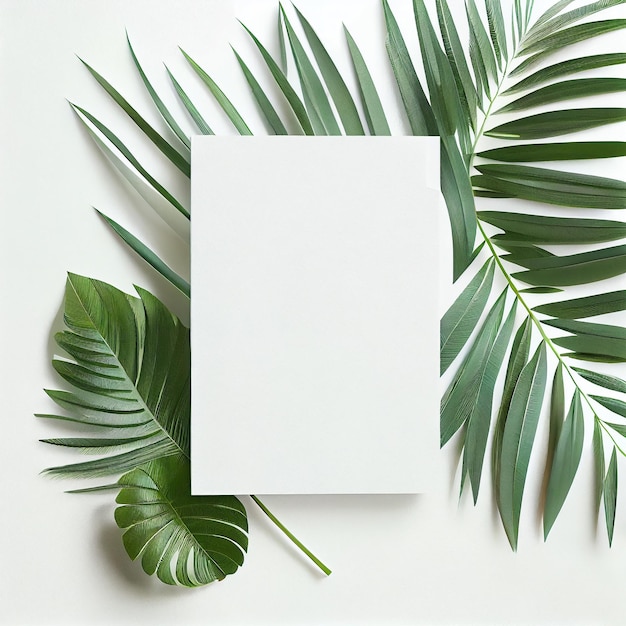 Clean blank for mockup on white background with palm leaves Flat Lay style