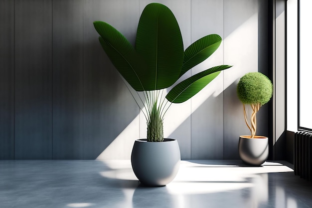 Clean blank polished cement wall with green tropical banana tree in round gray concrete pot on ceme