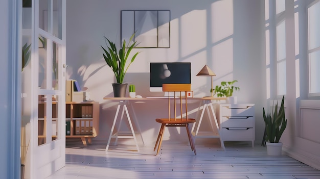 Clean bright and empty home office interior organized with a computer and desk insid Generative AI