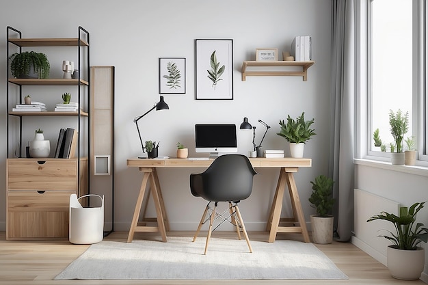 Clean bright and empty home office interior organized with a computer and desk inside Modern contemporary and work space view of a decorated room with stylish decor and wooden furniture indoors