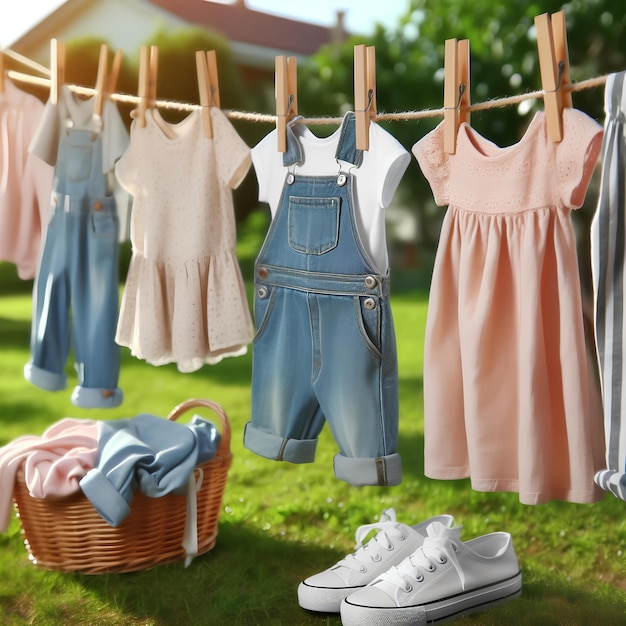 clean clothes hang on the rope outdoors on laundry day