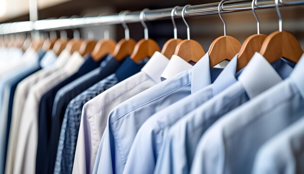 Clean clothes white and blue mens shirts on hangers after drycleaning or for sale in the shop