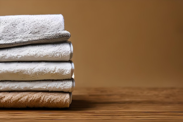 Clean colorful folded towel nice and tidy stack each other and some negative space for fitness bath swimming massage and spa marketing background and design material isolated on brown background