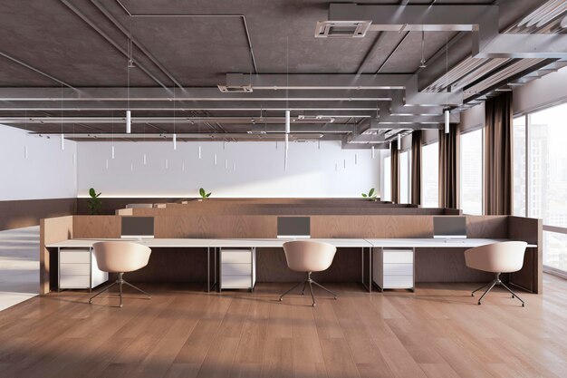 Clean concrete and wooden coworking office interior with panoramic windows and daylight 3D Rendering