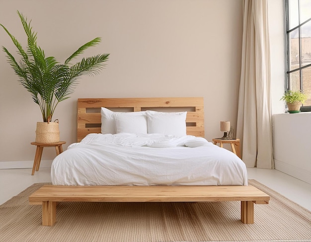 clean and contemporary wooden bed dressed in crisp white bedclothes against