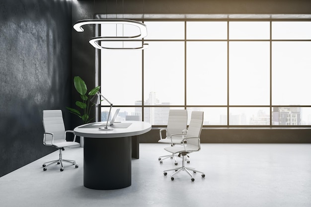 Clean dark concrete office interior with furniture window with city view equipment and decorative plant 3D Rendering