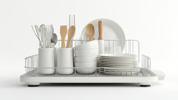 Photo clean dishes drying on a white dish rack in a bright kitchen