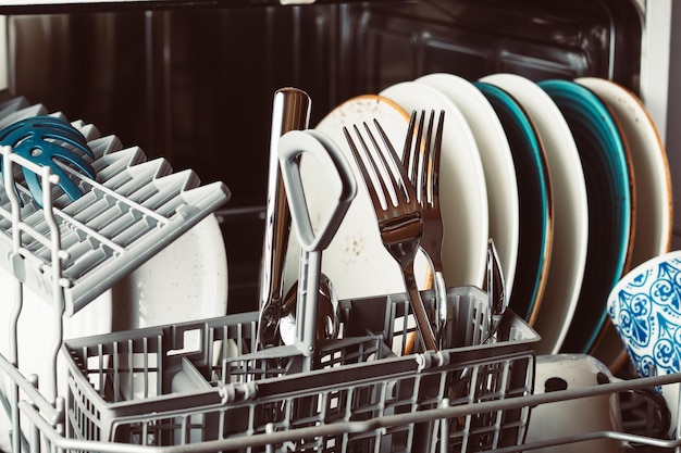 Clean dishes in an open dishwasher in a home kitchen closeup