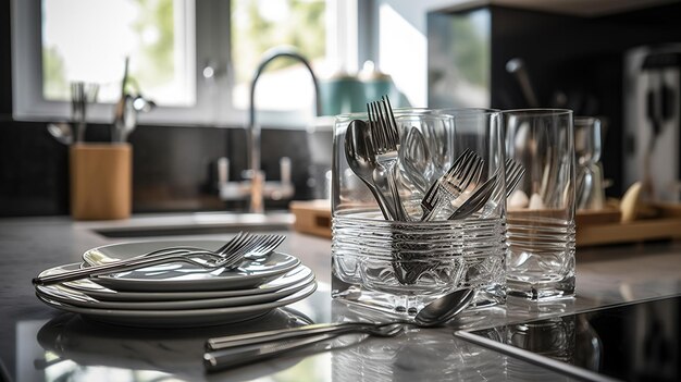 Photo clean dishware and glasses on white marble table in kitchen generative ai