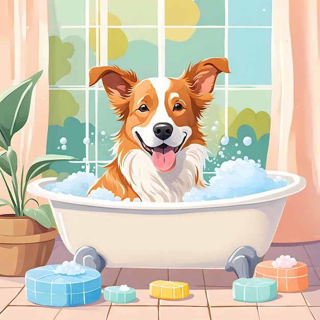 Photo clean dog in a bathtub with soap and water