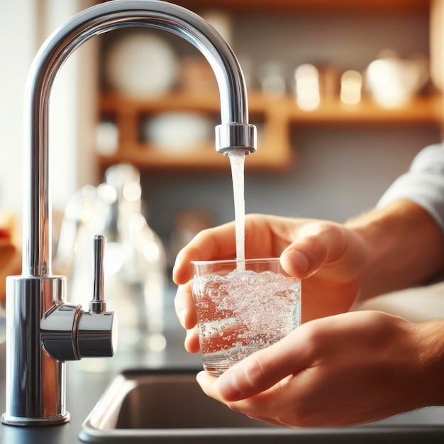 Clean Drinking Water Filling a Glass Cup from a Kitchen Tap ai generative