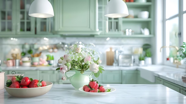 Clean and empty marble countertop green vintage kitchen furniture with lots of flowe Generative AI