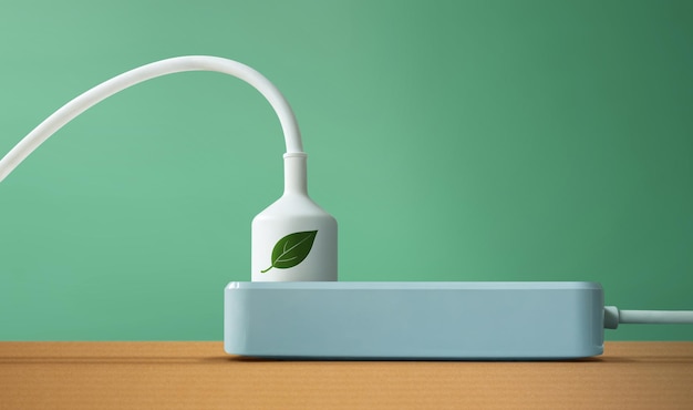 Clean Energy Concept Closeup of White Power Socket on the table Green leaf Icon print on Electric Plug Produce a Green Power World Earth Day Sustainable Resources Environmental Care