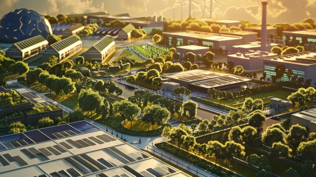 Photo clean energy industrial park sustainable factories with renewable energy and green building practices