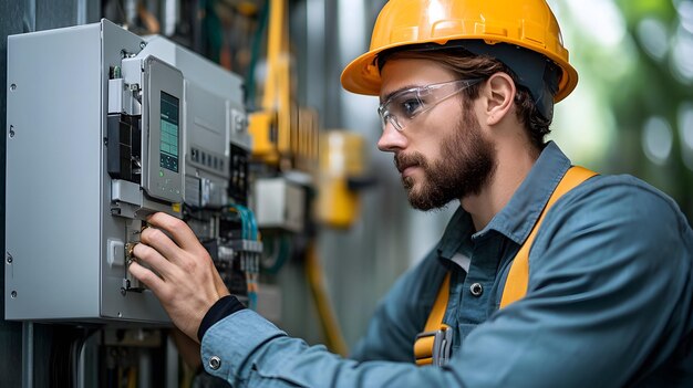 Photo clean energy installation technician configuring the inverter for solar panels emphasizing the efficiency and precision required for large industrial setups