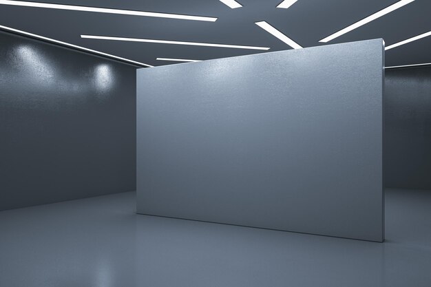 Photo clean exhibition hall interior with empty mock up place on gray wall 3d rendering