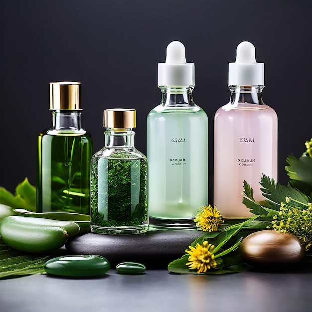 Clean glass cosmetic bottles with dropper natural organic cosmetics beauty herbal product Mockup