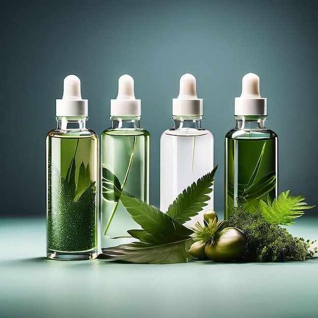 Clean glass cosmetic bottles with dropper natural organic cosmetics beauty herbal product Mockup