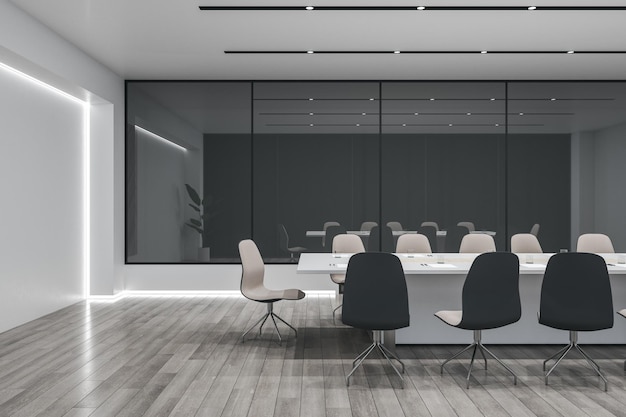 Clean glass meeting room interior with wooden flooring furniture and reflections Law and legal commercial workplace concept 3D Rendering