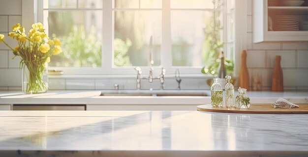 a clean kitchen with marble countertops and a window in the style of blurred imagery