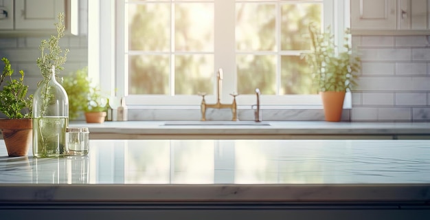 a clean kitchen with marble countertops and a window in the style of blurred imagery