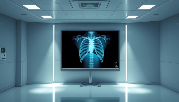 Photo clean and light xray room with chest on monitor isolated with white highlights