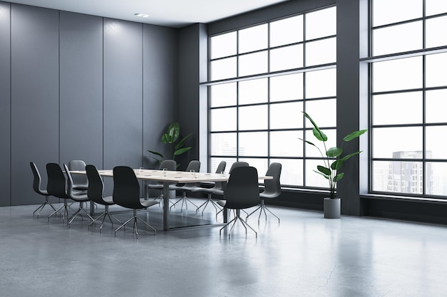 Clean meeting room interior with window and city view 3D Rendering