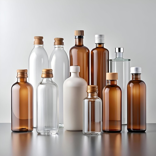 A clean and minimal composition of various glass bottles perfect for showcasing product designs branding and packaging concepts