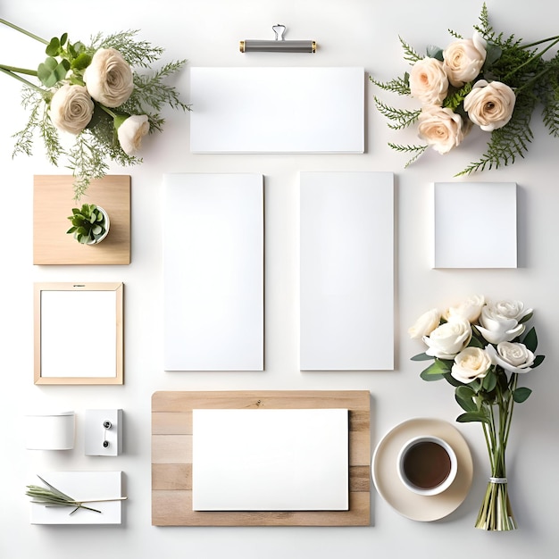 Photo clean and minimal flat lay mockup featuring blank stationery a wooden board a coffee cup and flowers