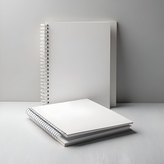 Photo clean and minimal mockup featuring two blank spiral notebooks on a white background